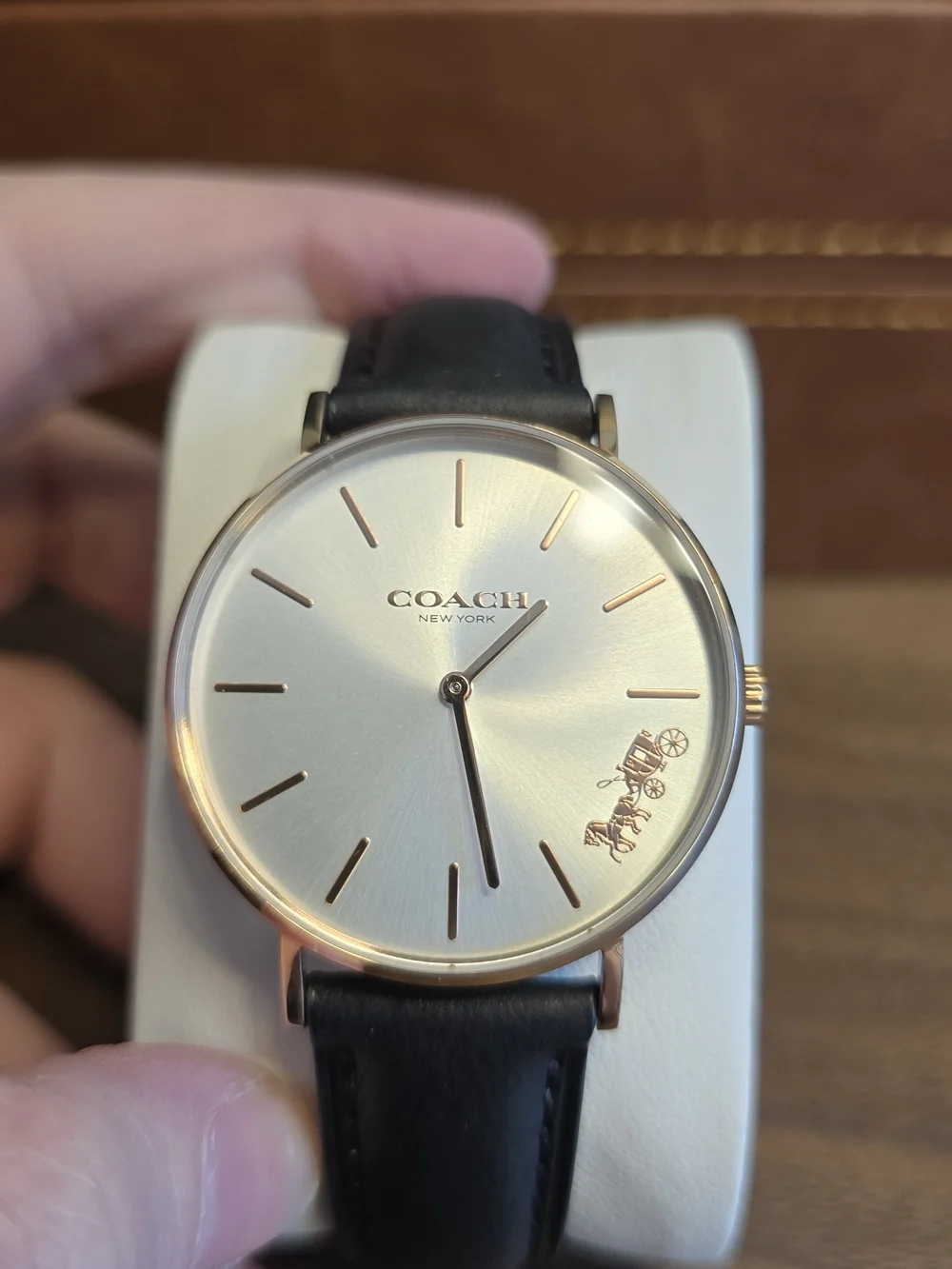 COACH Womens Classic Rose Gold Case Watch with Black Leather Strap